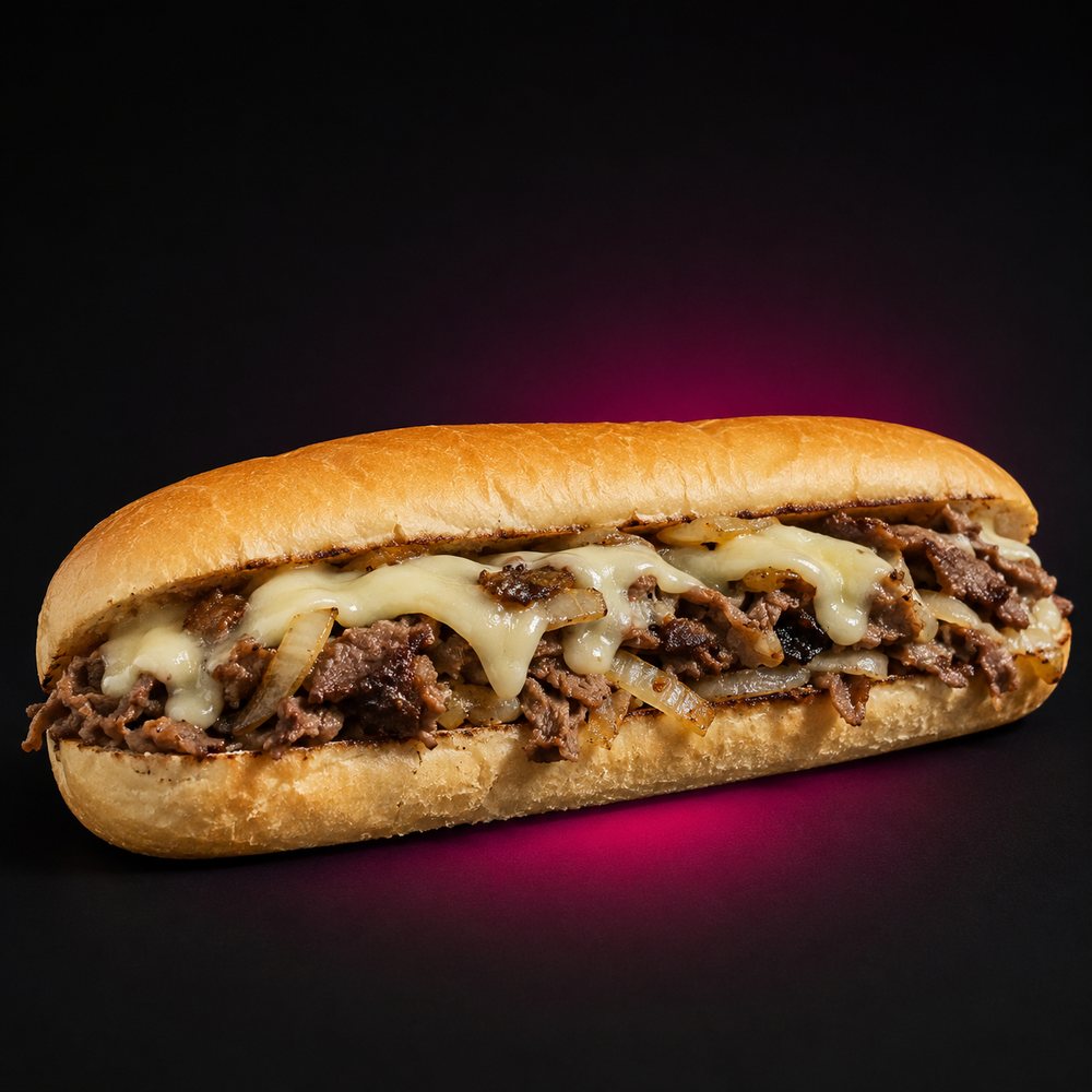 Philly Cheese Steak — bœuf éminé, oignons, fromage fondu